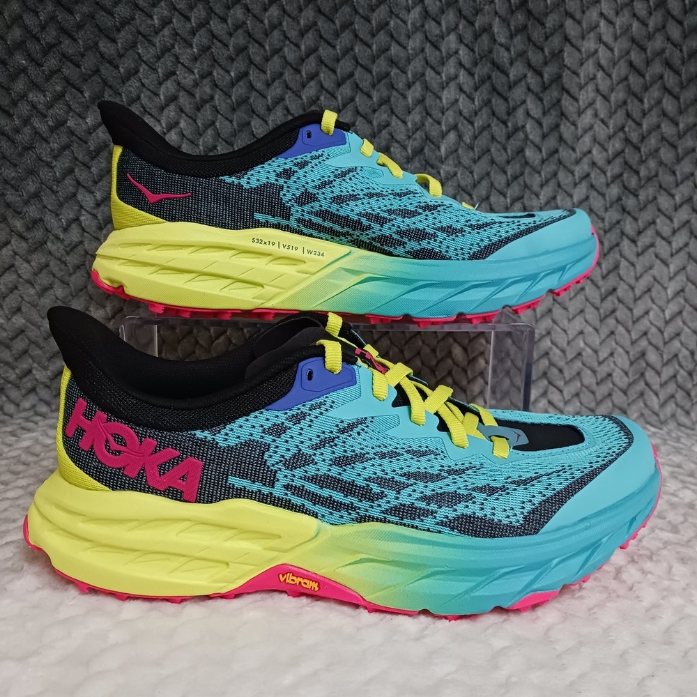Hoka One One Speedgoat 5 Scuba Blue Green Glow Womens Trail Running Shoes Sz 7.5